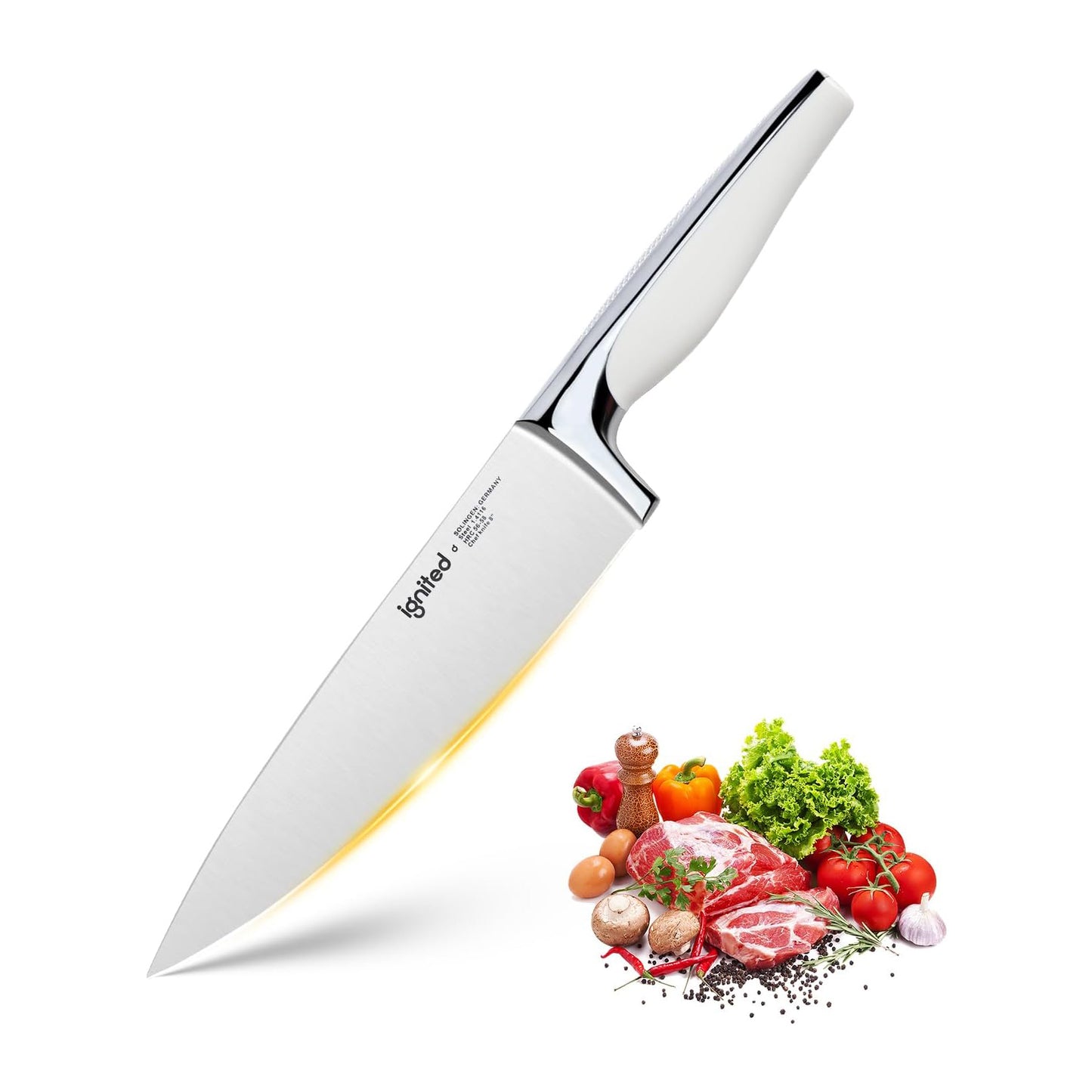 IGNITED CUTLERY 8" Wide-Blade Western Chef Knife – German 1.4116 Steel, Ergonomic “Penguin Belly” Handle, Decorative Textured Back Grip, 58 HRC