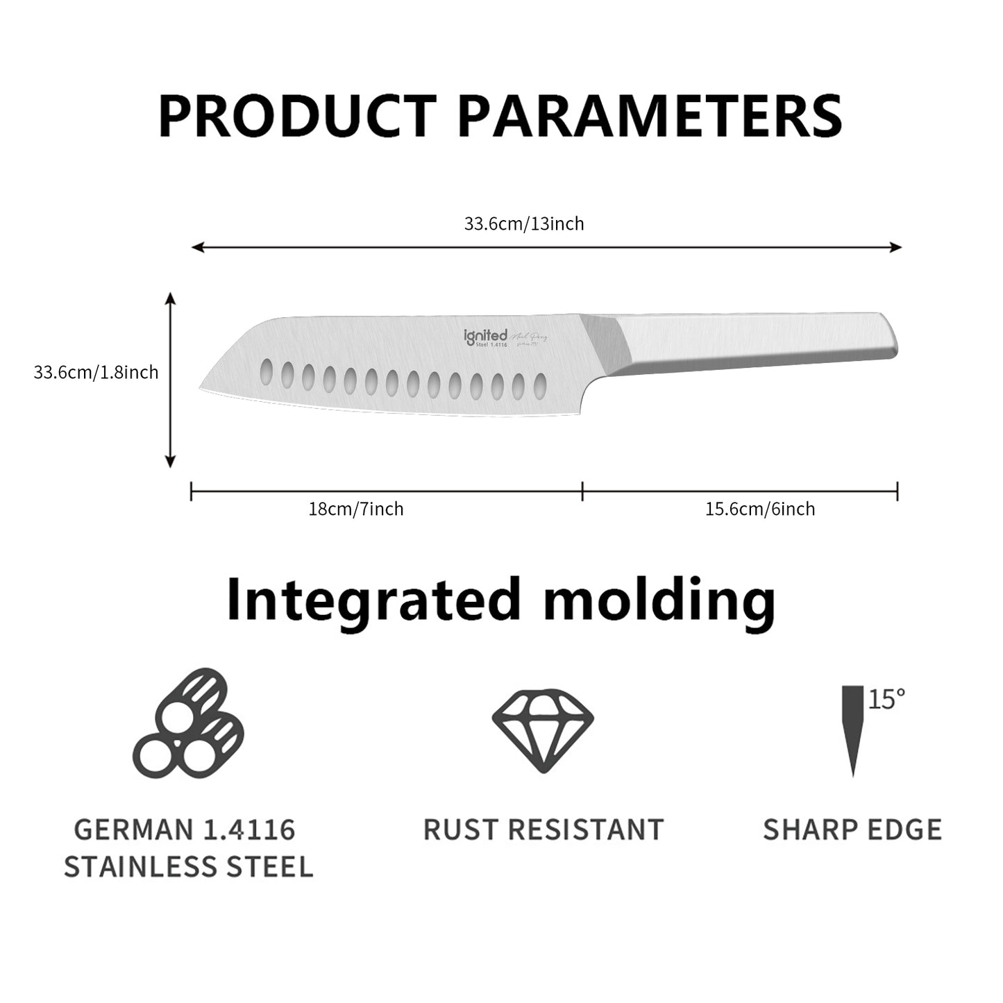 IGNITED CUTLERY 7" Full Steel Santoku Knife – German 1.4116 Steel, One-Piece Forged, Hollow Edge Blade, Anti-Slip Angular Handle, Ergonomic Design