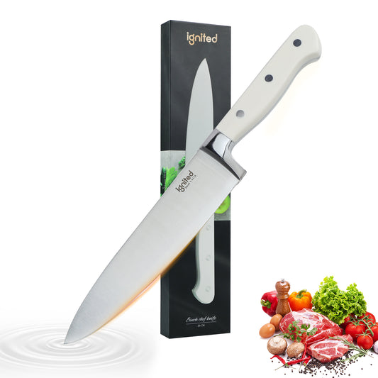 IGNITED CUTLERY 8" Western Chef Knife – German 1.4116 Steel, 15° V-Shaped Edge, Ergonomic White ABS Handle, 56-58 HRC
