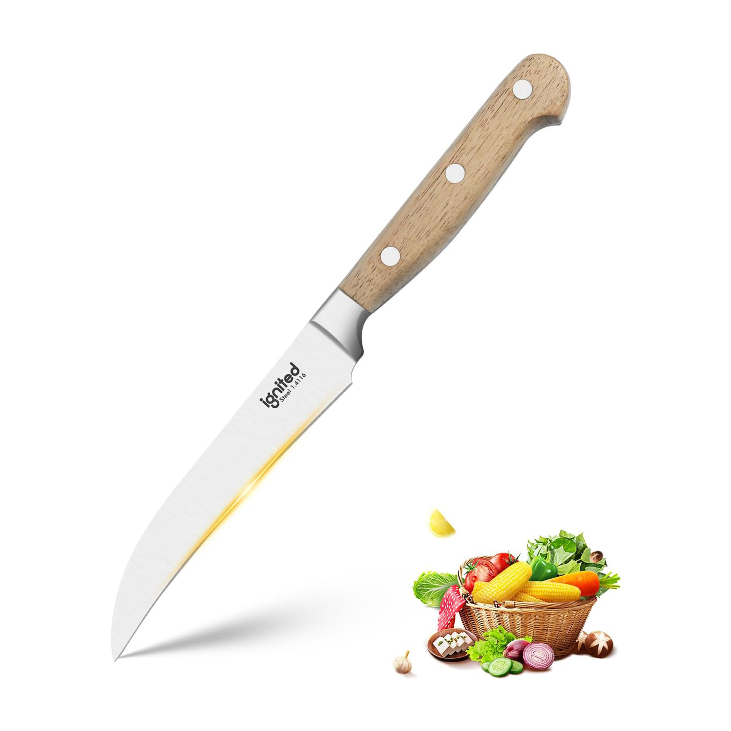 IGNITED CUTLERY Bird Beak Paring Knife – 4-inch Curved Peeling Knife, German 1.4116 Stainless Steel Fruit and Vegetable Knife with Olive Wood Handle, Razor Sharp Small Kitchen Knife with Gift Box