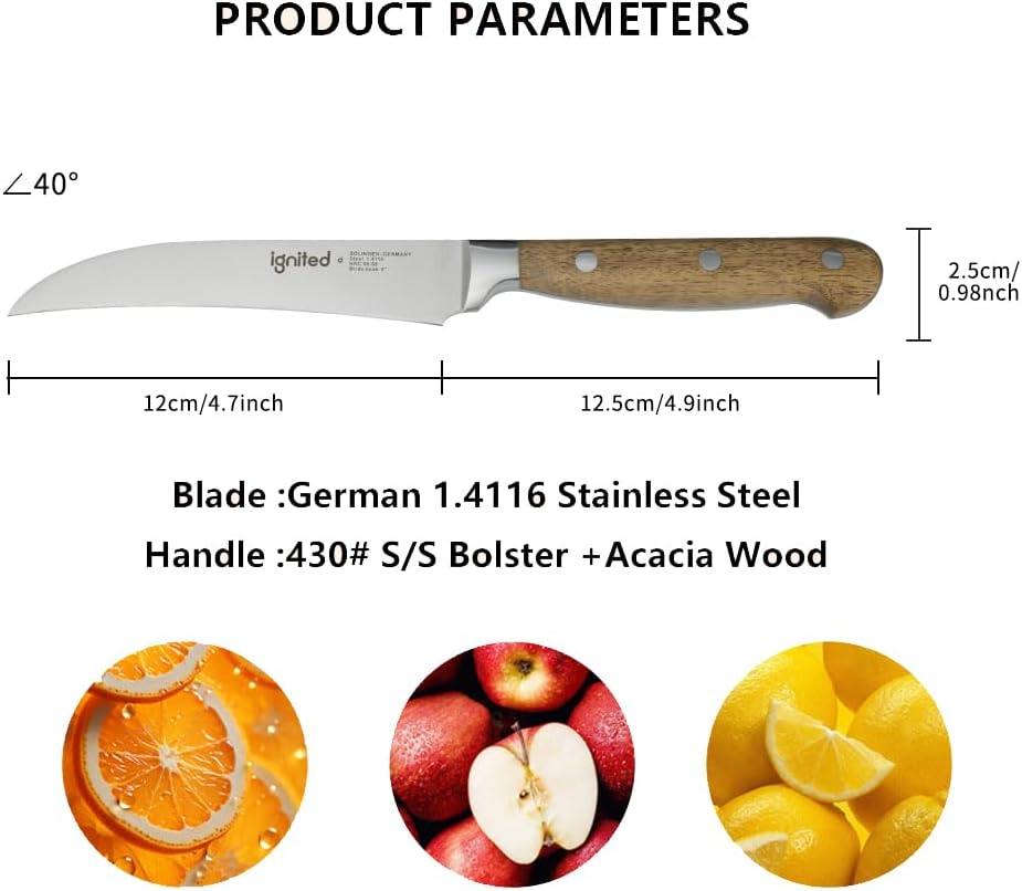 IGNITED CUTLERY Bird Beak Paring Knife – 4-inch Curved Peeling Knife, German 1.4116 Stainless Steel Fruit and Vegetable Knife with Olive Wood Handle, Razor Sharp Small Kitchen Knife with Gift Box