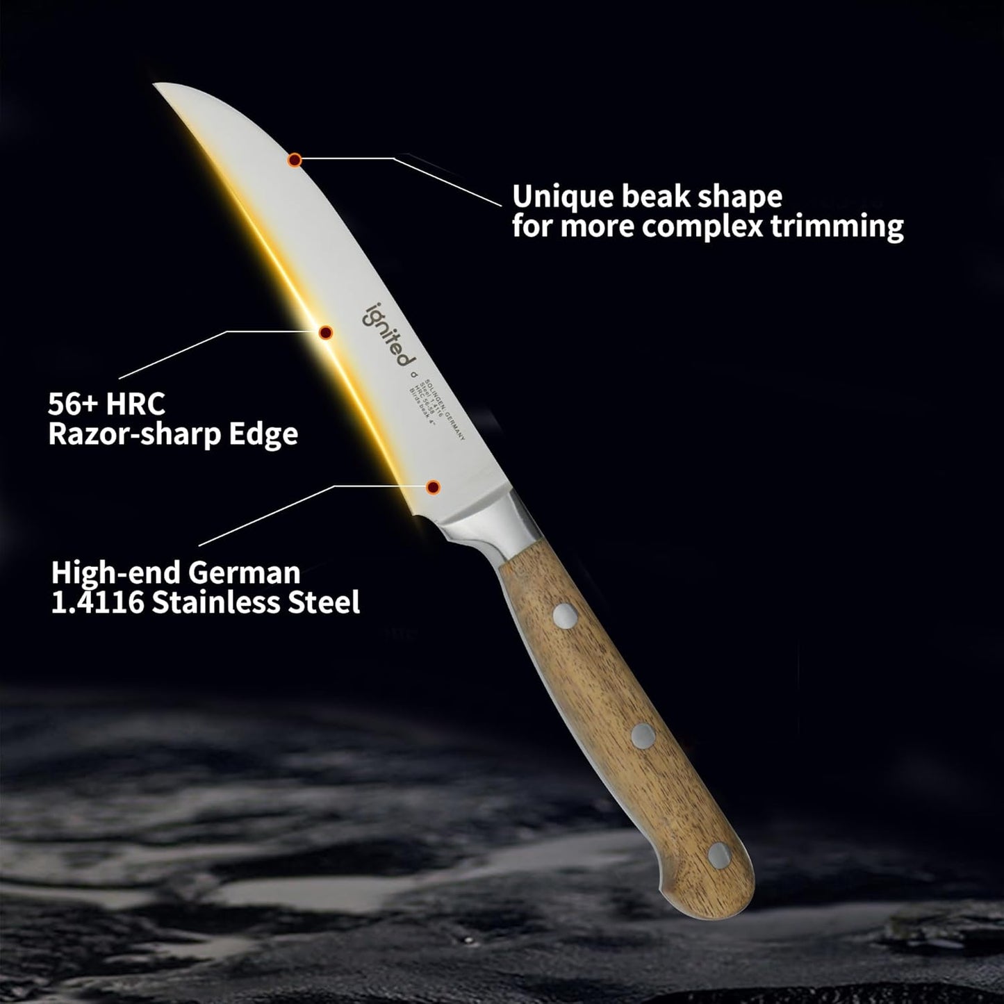 IGNITED CUTLERY Bird Beak Paring Knife – 4-inch Curved Peeling Knife, German 1.4116 Stainless Steel Fruit and Vegetable Knife with Olive Wood Handle, Razor Sharp Small Kitchen Knife with Gift Box