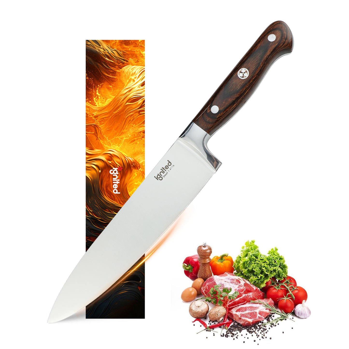 IGNITED CUTLERY 8" Western Chef Knife – German 1.4116 Steel, 15° V-Shaped Edge, Ergonomic Olivewood Handle, 58 HRC, High-Aesthetic Design