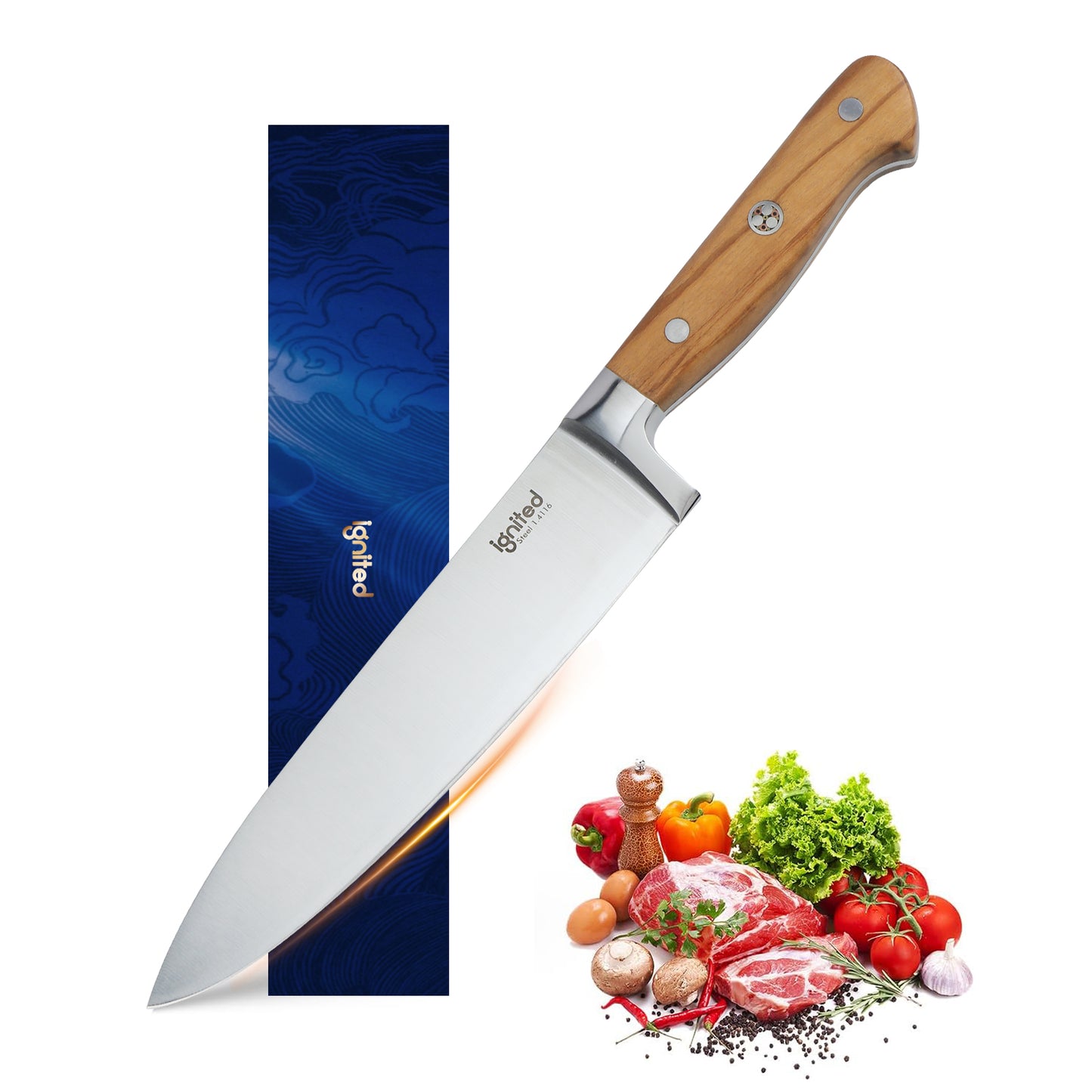 IGNITED CUTLERY 8" Western Chef Knife – German 1.4116 Steel, 15° V-Shaped Edge, Premium Natural Olivewood Handle, Ergonomic Design, No Sharpening Needed for a Year