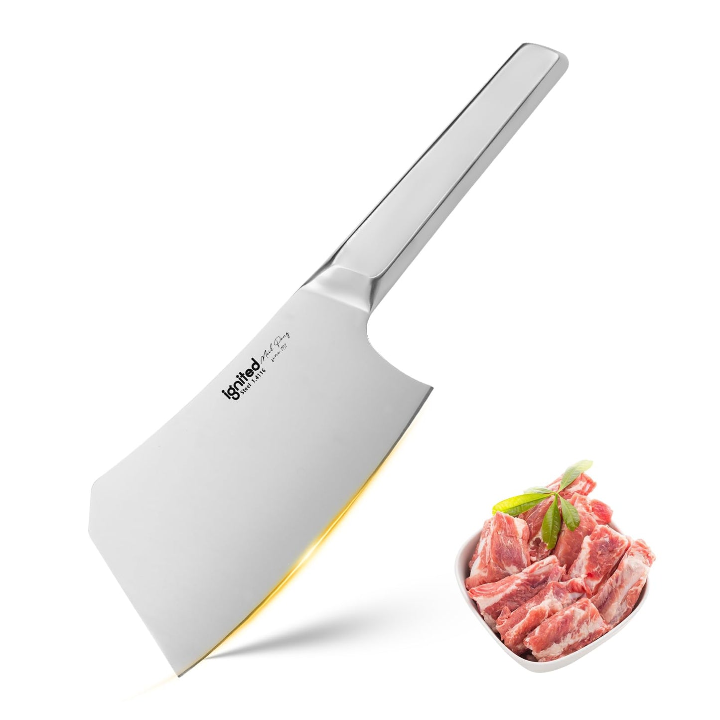 IGNITED CUTLERY Cleaver Knife for Meat Cutting – Heavy Duty Butcher Knife with German Stainless Steel & Full Steel Handle | Bone Chopper, Vegetable Slicer, Kitchen Essential
