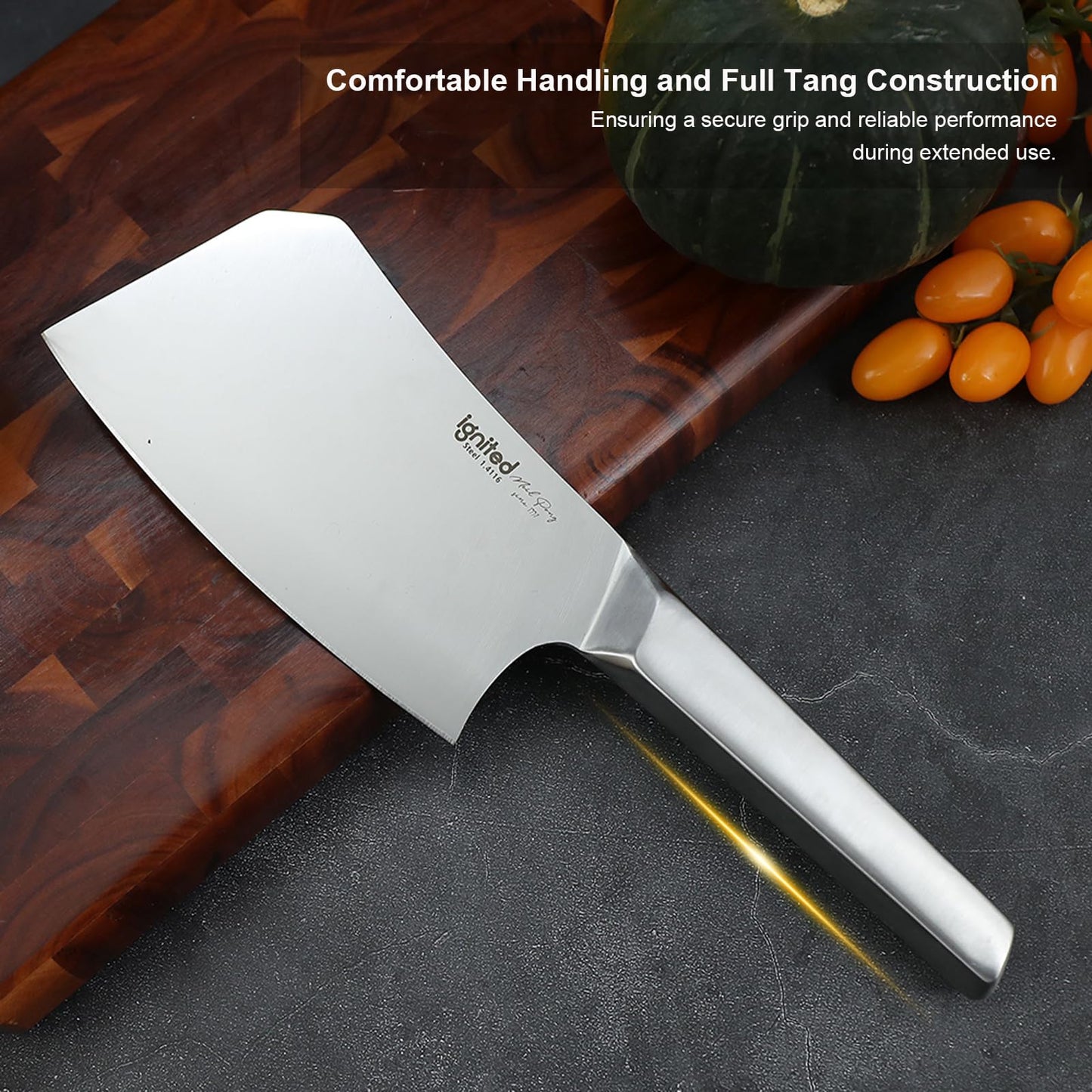 IGNITED CUTLERY Cleaver Knife for Meat Cutting – Heavy Duty Butcher Knife with German Stainless Steel & Full Steel Handle | Bone Chopper, Vegetable Slicer, Kitchen Essential
