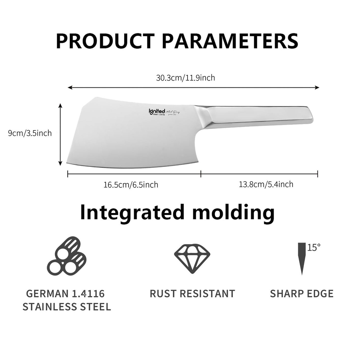 IGNITED CUTLERY Cleaver Knife for Meat Cutting – Heavy Duty Butcher Knife with German Stainless Steel & Full Steel Handle | Bone Chopper, Vegetable Slicer, Kitchen Essential