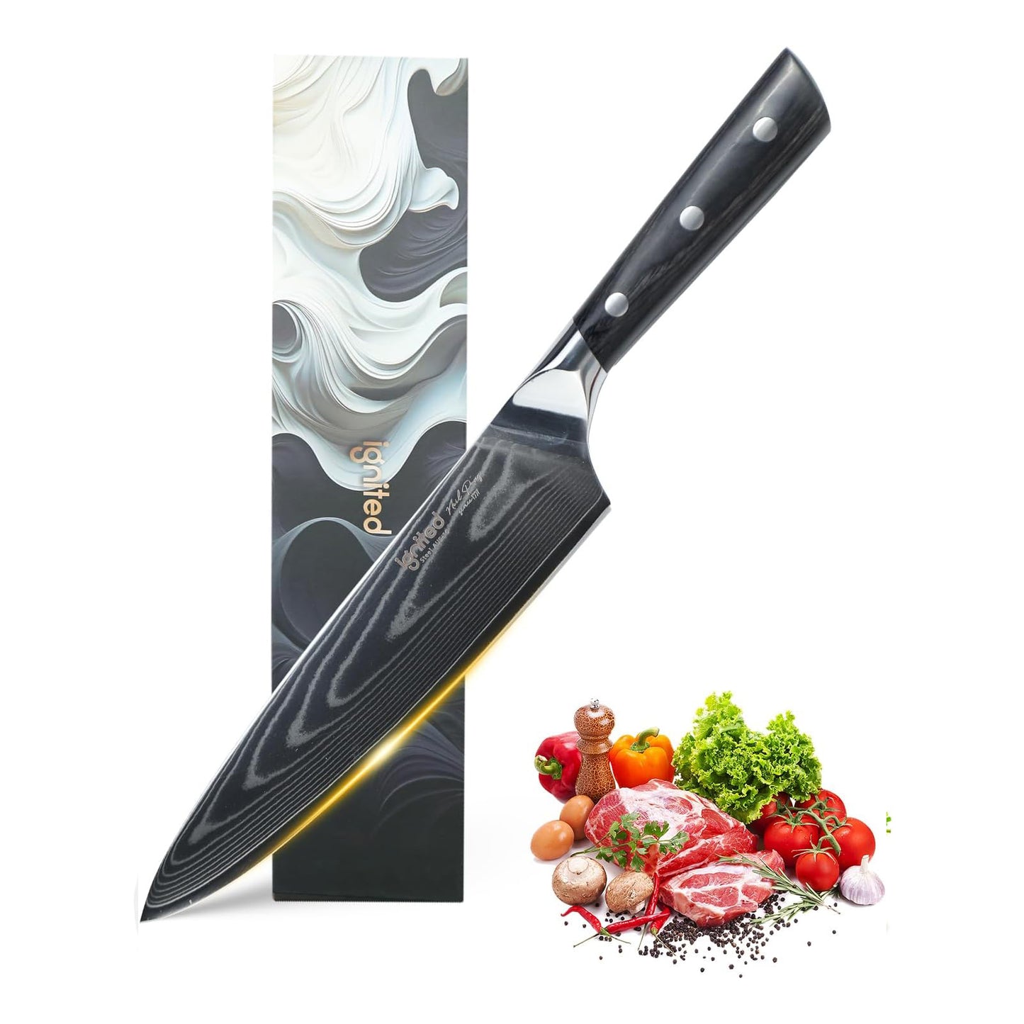 IGNITED 8" Premium Damascus Chef's Knife – 67-Layer Damascus Craft, AUS-10 Core, Black Pakkawood Handle, Ergonomic Design, Triple-Rivet Construction