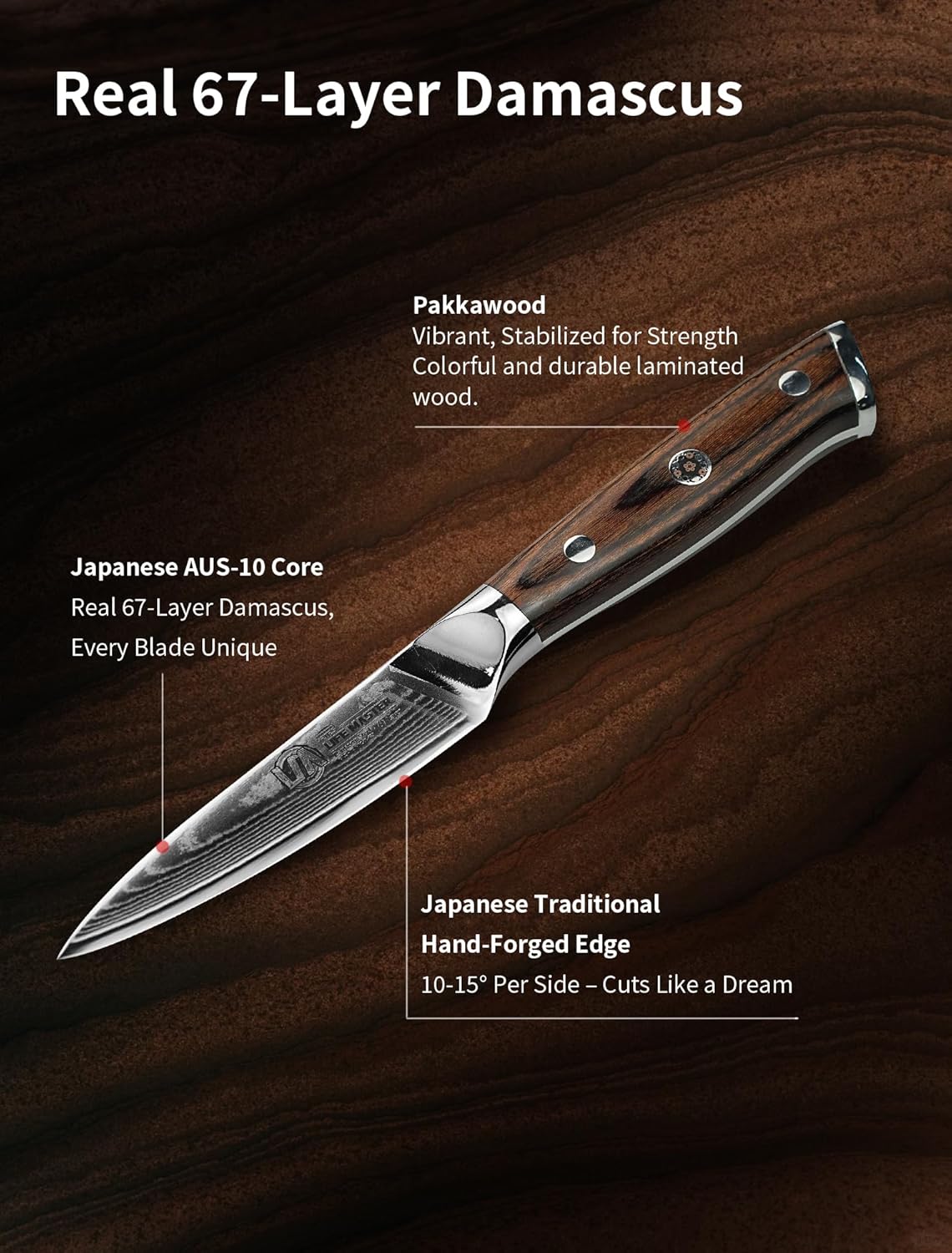 IGNITED CUTLERY 2025 Year of the Snake Limited Edition – 3.5" Damascus Powder Steel Fruit & Paring Knife – Golden Wood Handle, Handcrafted Decorative Mosaic Pin