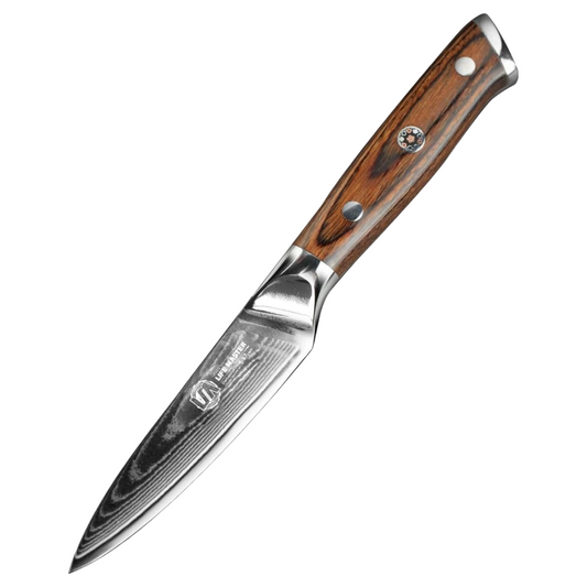IGNITED CUTLERY 2025 Year of the Snake Limited Edition – 3.5" Damascus Powder Steel Fruit & Paring Knife – Golden Wood Handle, Handcrafted Decorative Mosaic Pin