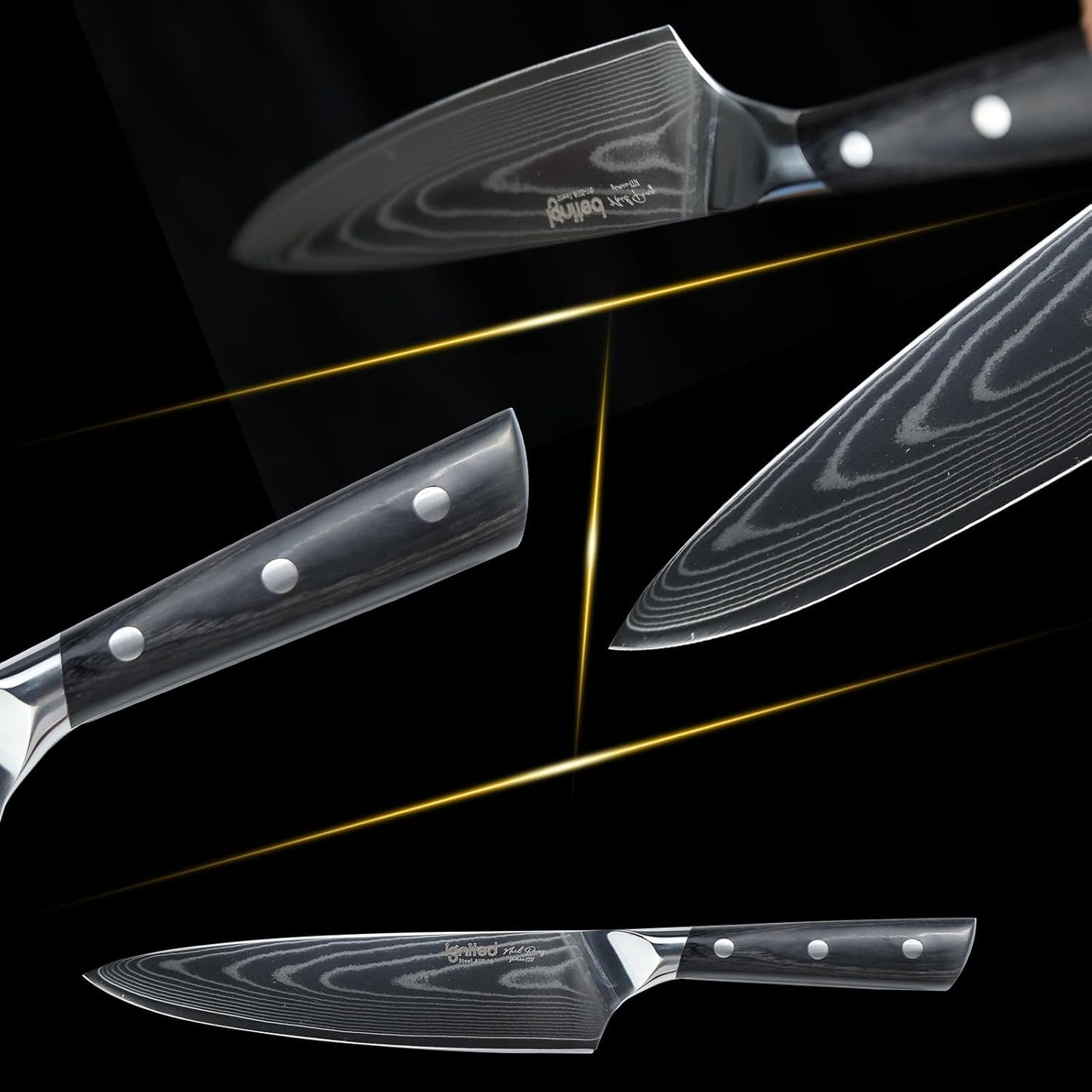 IGNITED 8" Premium Damascus Chef's Knife – 67-Layer Damascus Craft, AUS-10 Core, Black Pakkawood Handle, Ergonomic Design, Triple-Rivet Construction